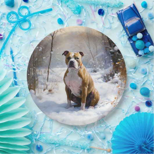 American Staffordshire liet het sneeuwKerstmis Papieren Bordje (Feest)