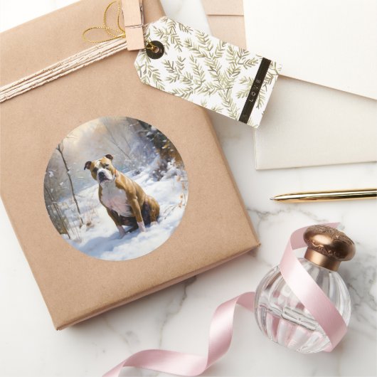 American Staffordshire liet het sneeuwKerstmis Ronde Sticker (Geschenken)