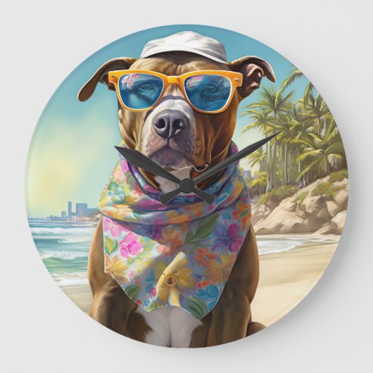 American Staffordshire on Beach,zomercadeau Grote Klok (Voorkant)