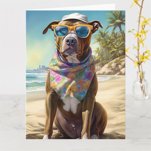 American Staffordshire on Beach,zomercadeau Kaart (Gele Bloem)