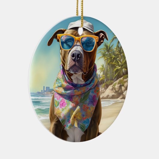 American Staffordshire on Beach,zomercadeau Keramisch Ornament (Rechts)