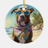American Staffordshire on Beach,zomercadeau Keramisch Ornament (Voorkant)