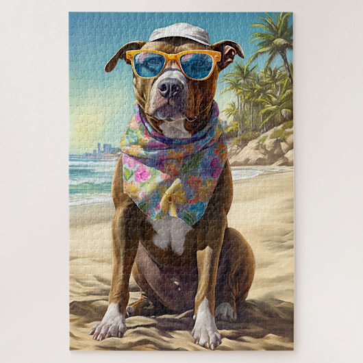 American Staffordshire on Beach,zomercadeau Legpuzzel (Verticaal)
