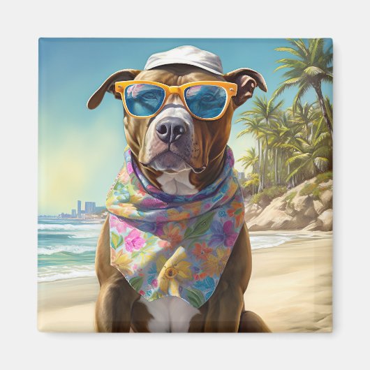 American Staffordshire on Beach,zomercadeau Magneet (Voorkant)