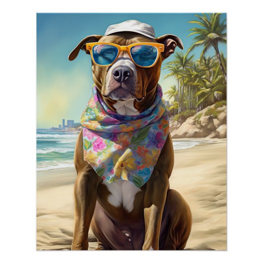 American Staffordshire on Beach,zomercadeau Perfect Poster (Voorkant)