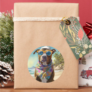 American Staffordshire on Beach,zomercadeau Ronde Sticker