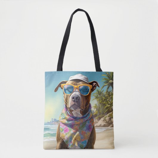 American Staffordshire on Beach,zomercadeau Tote Bag (Voorkant)