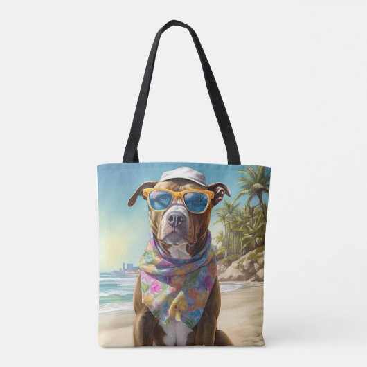 American Staffordshire on Beach,zomercadeau Tote Bag (Achterkant)