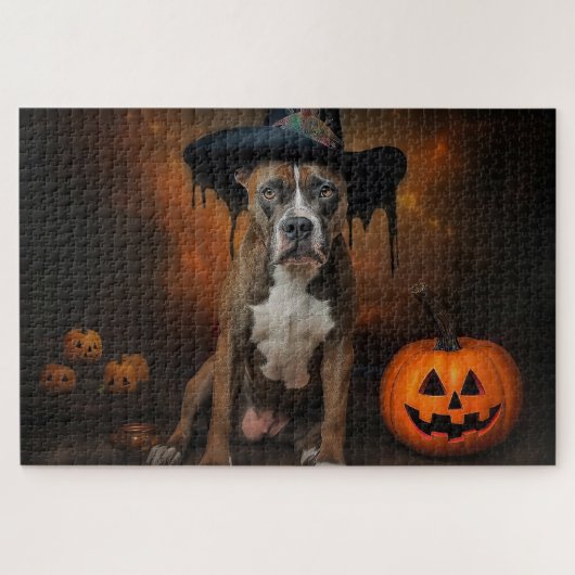 American Staffordshire Pompoenen Halloween Scary Legpuzzel (Horizontaal)