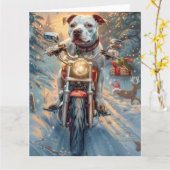 American Staffordshire Riding Motorcycle Kerstmis Kaart (Gele Bloem)