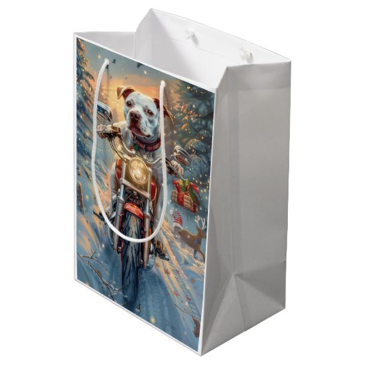 American Staffordshire Riding Motorcycle Kerstmis Medium Cadeauzakje (Achterkant Gekanteld)