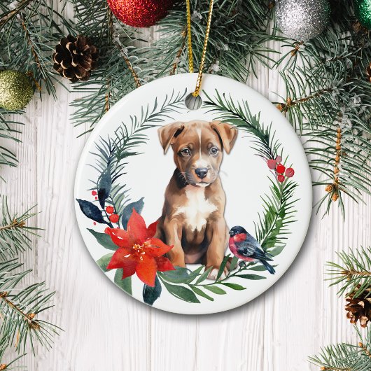 American Staffordshire Terrier Puppy Poinsettia Keramisch Ornament
