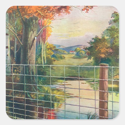 American Steel & Wire Co Fence Roadside Scene Vierkante Sticker (Voorkant)