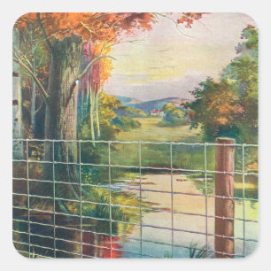 American Steel & Wire Co Fence Roadside Scene Vierkante Sticker