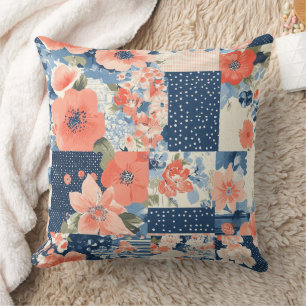 Americana bloempatcheworkdeken in marineblauw en k kussen