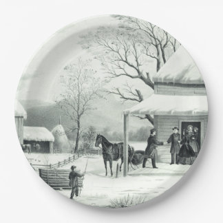 Americana Currier Ives Feestdagen Family Paper Bor Papieren Bordje