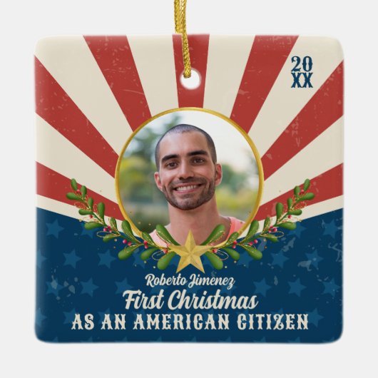 Americana Eerste Kerstmis Amerikaans Burgerschap G Keramisch Ornament (Voorkant)