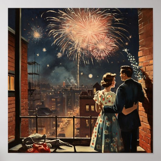 Americana Paar Kijken Vuurwerk op Nieuwjaar Poster (Voorkant)