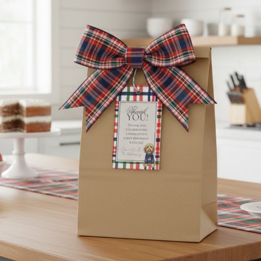  Americana Plaid Doodle Dog Eerste Verjaardag Cadeaulabel