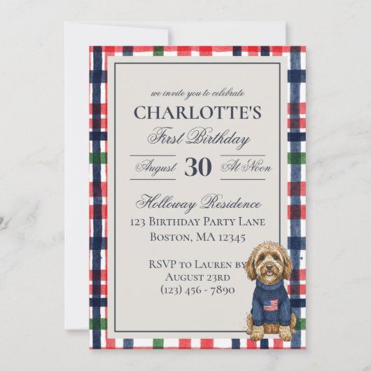  Americana Plaid Doodle Dog Eerste Verjaardag Kaart (Voorkant)