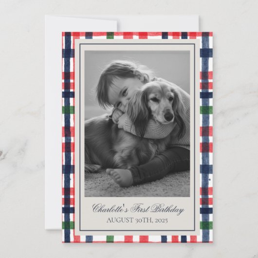 Americana Plaid Doodle Dog Eerste Verjaardag Kaart (Achterkant)