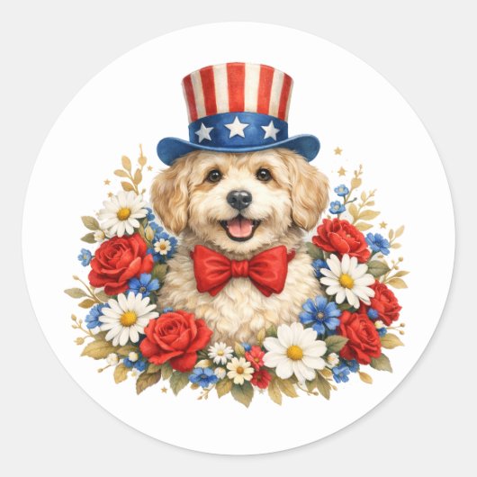 Americana Puppy Illustration Ronde Sticker (Voorkant)