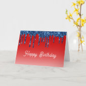 Americana Red Blue Glitter Drip Birthday Kaart (Gele Bloem)