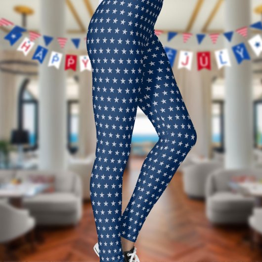 Americana Star Spangled Silver Stars On Navy Blue Leggings
