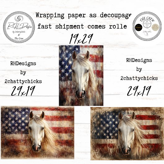 American's 250th Celebration Horses Flags Decoupag Inpakpapier Vel