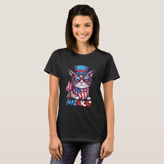 Americat USA Cute Cat  4th of July Men Women T-shirt (Voorkant volledig)