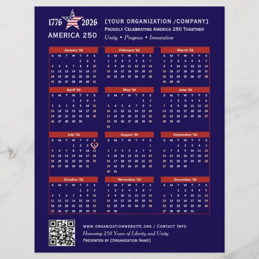 Amerika 250 Patriottisch Blauw 2026 Kalender Keeps Flyer (Voorkant)
