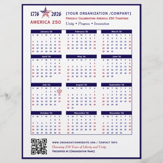 Amerika 250 Patriottisch Blauw 2026 Kalender Keeps Flyer (Voorkant)