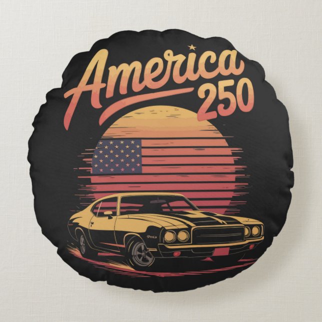 Amerika 250 VS Retro Zonsondergang Rond Kussen (Voorkant)