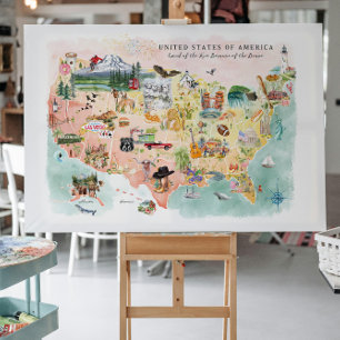 Amerika Aquarel geïllustreerde kaart van de VS