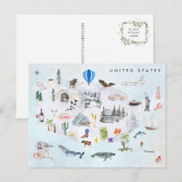 Amerika | Aquarel geïllustreerde kaart van de VS