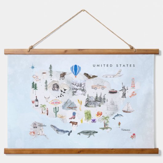 Amerika | Aquarel geïllustreerde kaart van de VS Hangend Wandkleed (Voorkant)