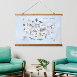 Amerika | Aquarel geïllustreerde kaart van de VS Hangend Wandkleed