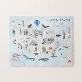 Amerika | Aquarel geïllustreerde kaart van de VS Legpuzzel