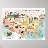 Amerika | Aquarel geïllustreerde kaart van de VS Poster (Voorkant)