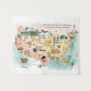 Amerika Aquarel geïllustreerde kaart van de VS Wandkleed