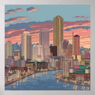 Amerika Boston City Skyline, Boston Ma Us Silhouet Poster