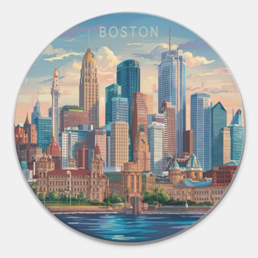 Amerika Boston City Skyline, Boston Ma Us Silhouet Ronde Sticker (Voorkant)