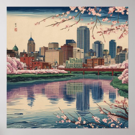 Amerika Boston Ma City Skyline Ukiyo Style Poster (Voorkant)