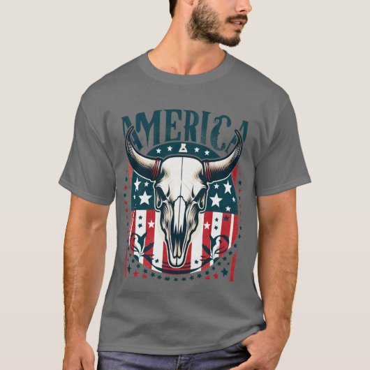 Amerika Koe Schedel 4 juli Vlag T-shirt (Voorkant)