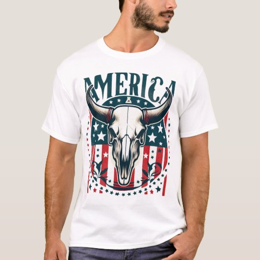 Amerika Koe Schedel 4 juli Vlag T-shirt (Voorkant)
