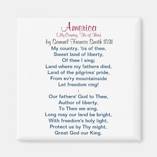 Amerika (Mijn land, 'Tis of Thee) 1831 Magneet (Voorkant)