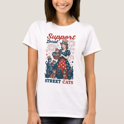 Amerika steunt lokale straatkatten 4 juli t-shirt (Voorkant)
