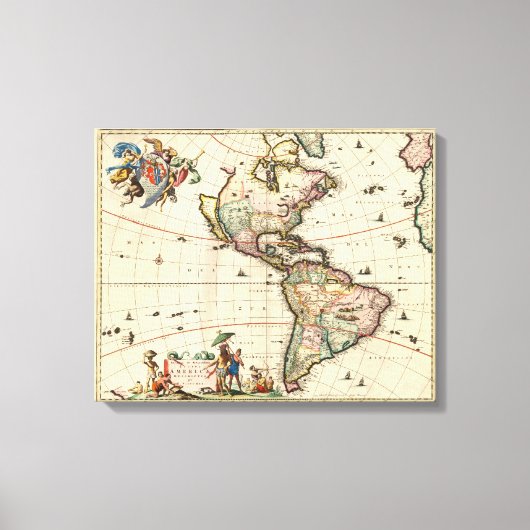 Amerika vintage kaart 1670 op canvas afdruk (Voorkant)