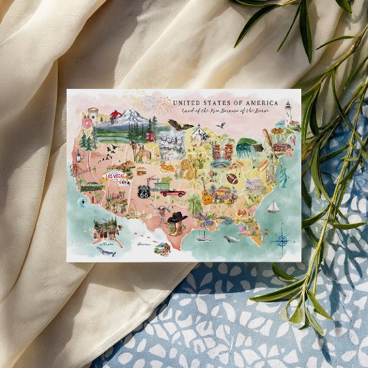 Amerika | Waterverf geïllustreerd overzicht VS Briefkaart