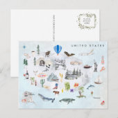 Amerika | Waterverf geïllustreerd overzicht VS Briefkaart (Voorkant / Achterkant)